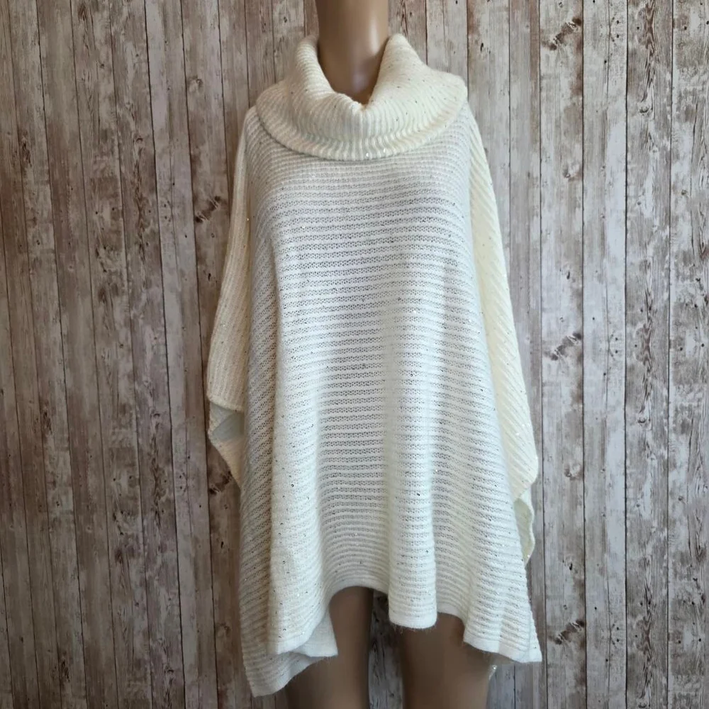 Women's Ann Taylor Factory Ivory Silver Sequin Cowl Neck Poncho